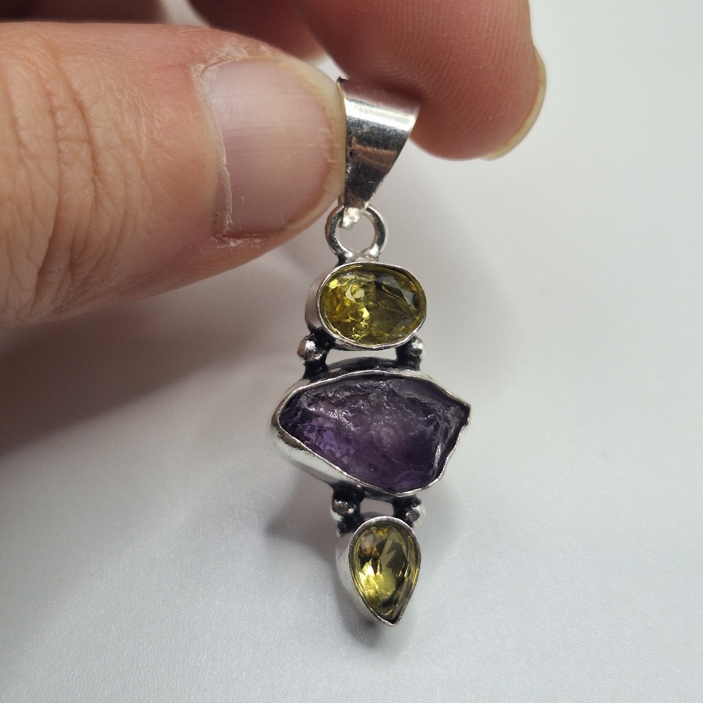 Raw Amethyst Style Pendant w/ Yellow Accent Stones | Silver Plated | Handmade